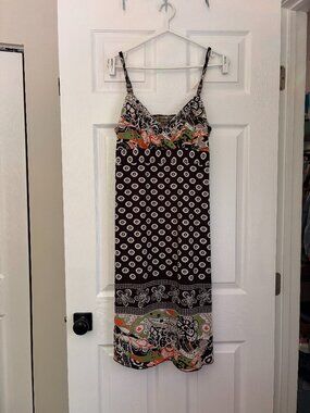 Boho Print Sundress | Beaded Strap Summer Dress | Brown Multi-Colour (Large)